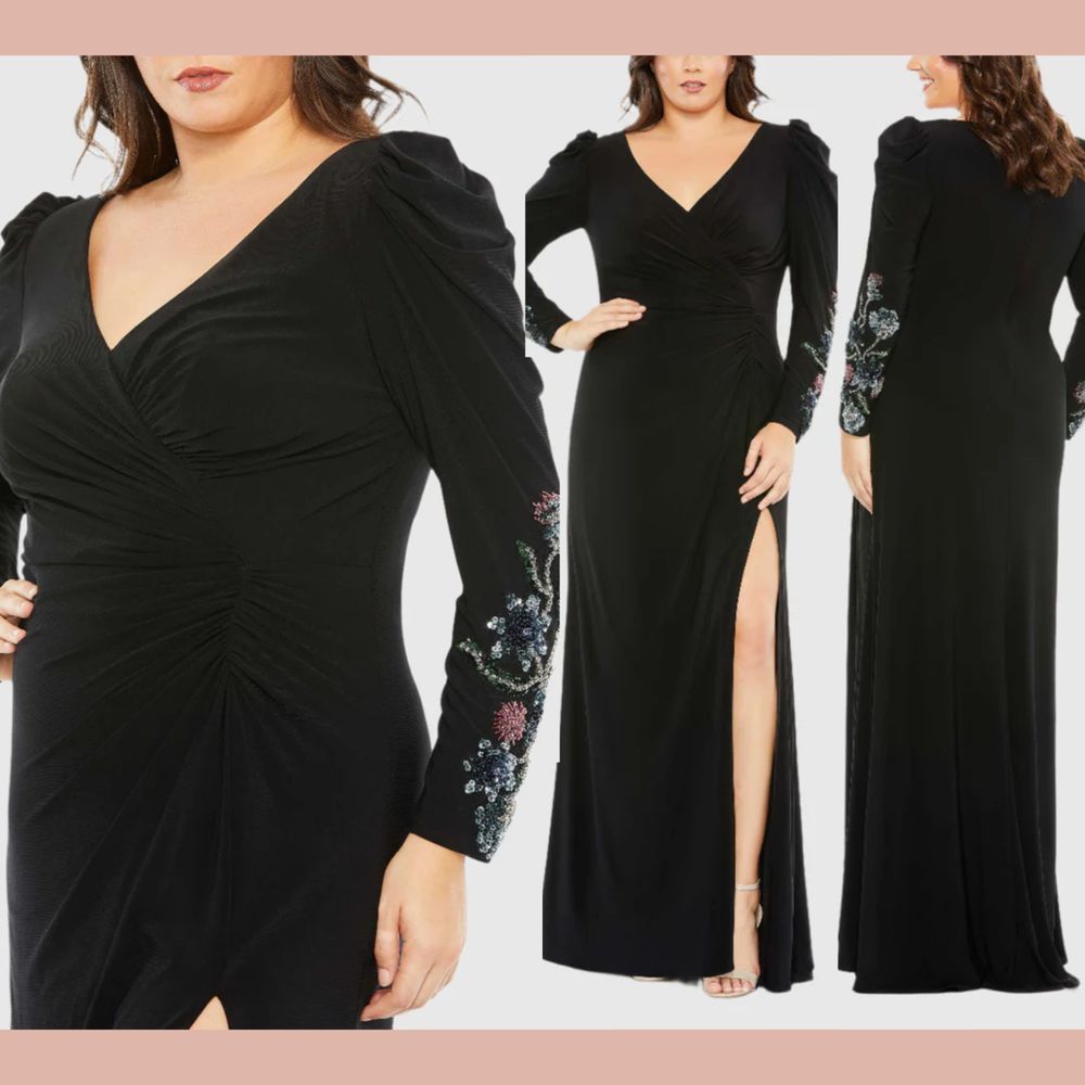 New Mac Duggal [ 20w ] 68123 Embellished Long Sleeve Faux Wrap Gown Black
